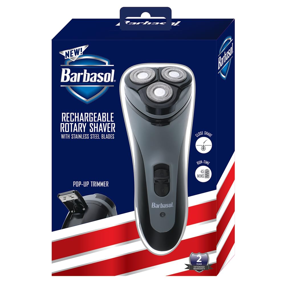 Barbasol Rotary Shaver - Rechargeable Electric Razor with Stainless Steel Blades | Pop-Up Trimmer, 45 Min Run-Time