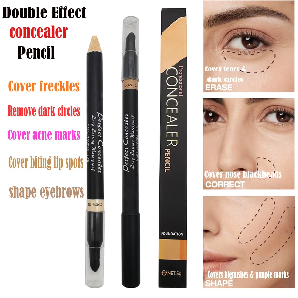 Full Coverage Concealer Pencil for Face, 2 in 1 Dual-Sided Eyebrow Face Concealer Crayon Highlighter Stick, Professional Waterproof Foundation Concealer for Eye Dark Circles, Scar, Concealer Pencil with Brush for Men and Women