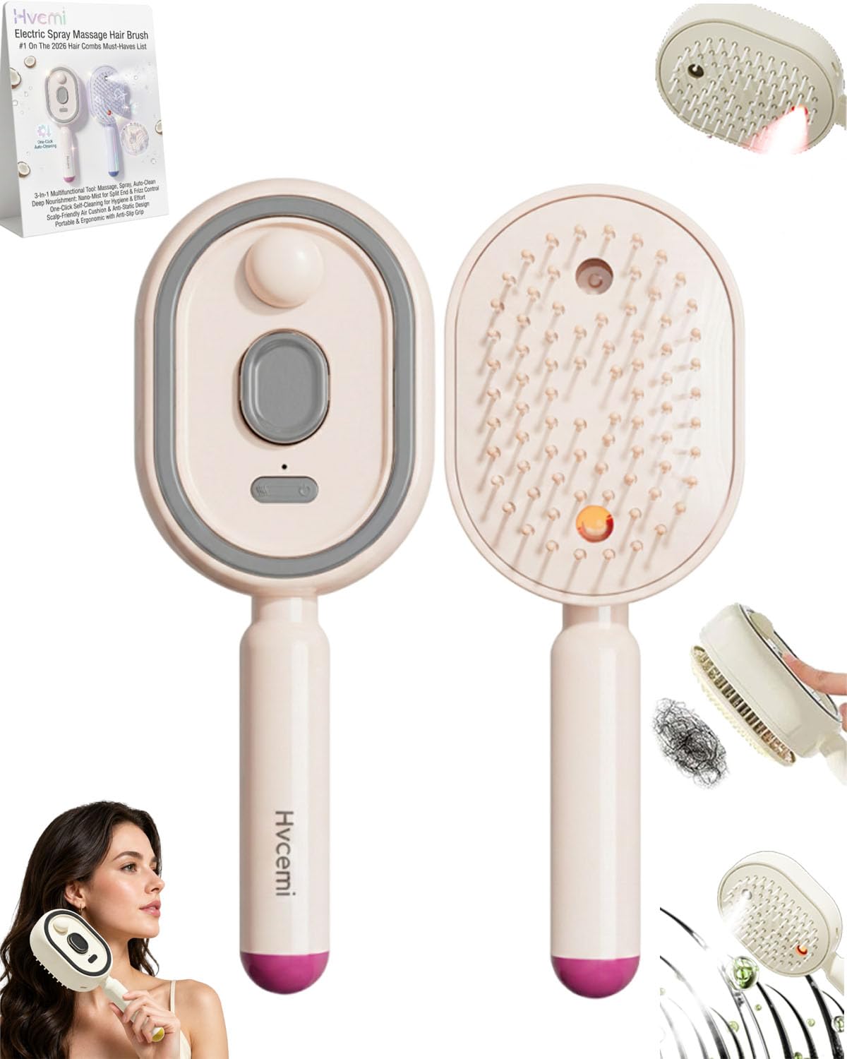 Electric Spray Massage Hair Brush Electric Spraying Steam Brush for Dry Frizzy Hair Handheld Essential Oil Locks Steamer Self Cleaning Air Cushion Massage Comb with Anti-Static