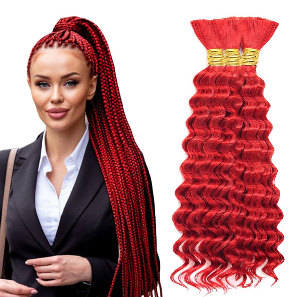 Red Human Braiding Hair For Boho Braids Red Bulk Human Hair Boho Braiding Deep Wave Braids Bulk Bohemian 3 Bundles/Pack 150g 22 22 22 Inch