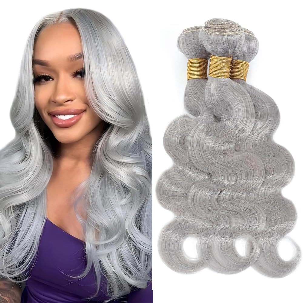Silver Bundle Human Hair Grey Body Wave Bundles Brazilian Virgin Remy Hair 3 Bundles 28 30 32 Inch Double Weft Soft