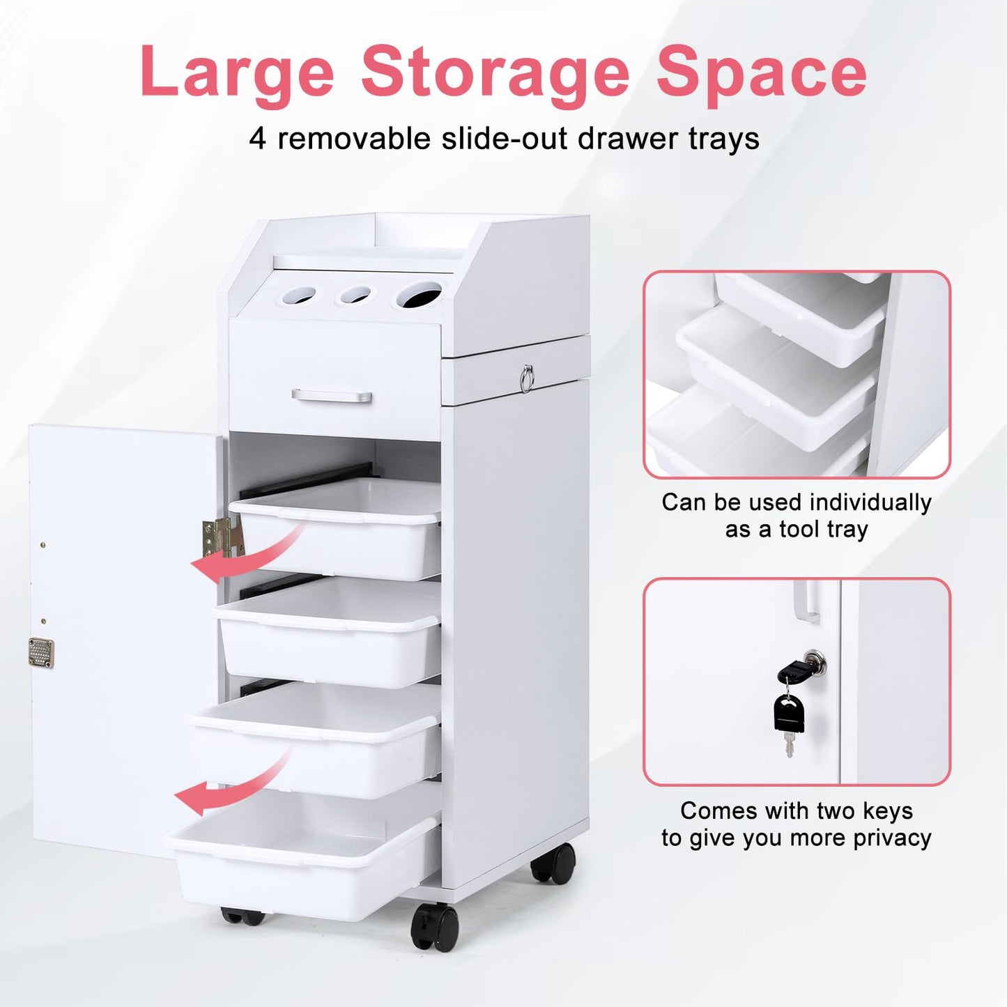 Winado Hair Salon Storage Cart with Wheels & 3 Hair Dryer Holders & 4 Drawers & Lock & 2 Keys, Hairdressing Tools Station Mobile Makeup Case, SPA Utility Trolley (White)