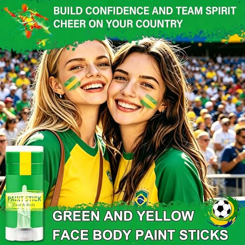 Green Yellow and Green Brazil Face Paint Stick for World Cup Fans, Sweatproof & High Pigment Sports Face Body Paint Sticks for Football, Rugby, Softball, Baseball, Lacrosse, Party Accessories