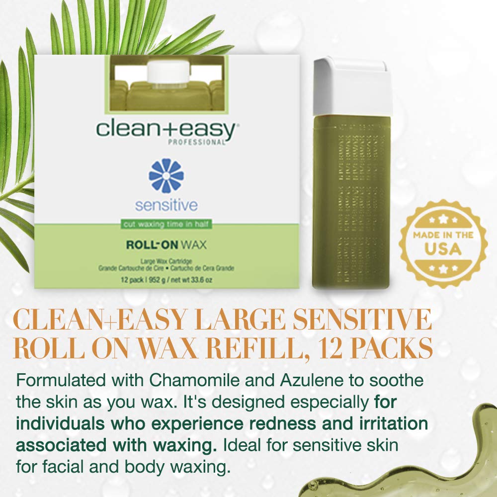 Clean + Easy Large Sensitive Roll On Wax Refill – Large Wax Refill for Cartridges, Quick & Easy Hair Removal, 12 Pack