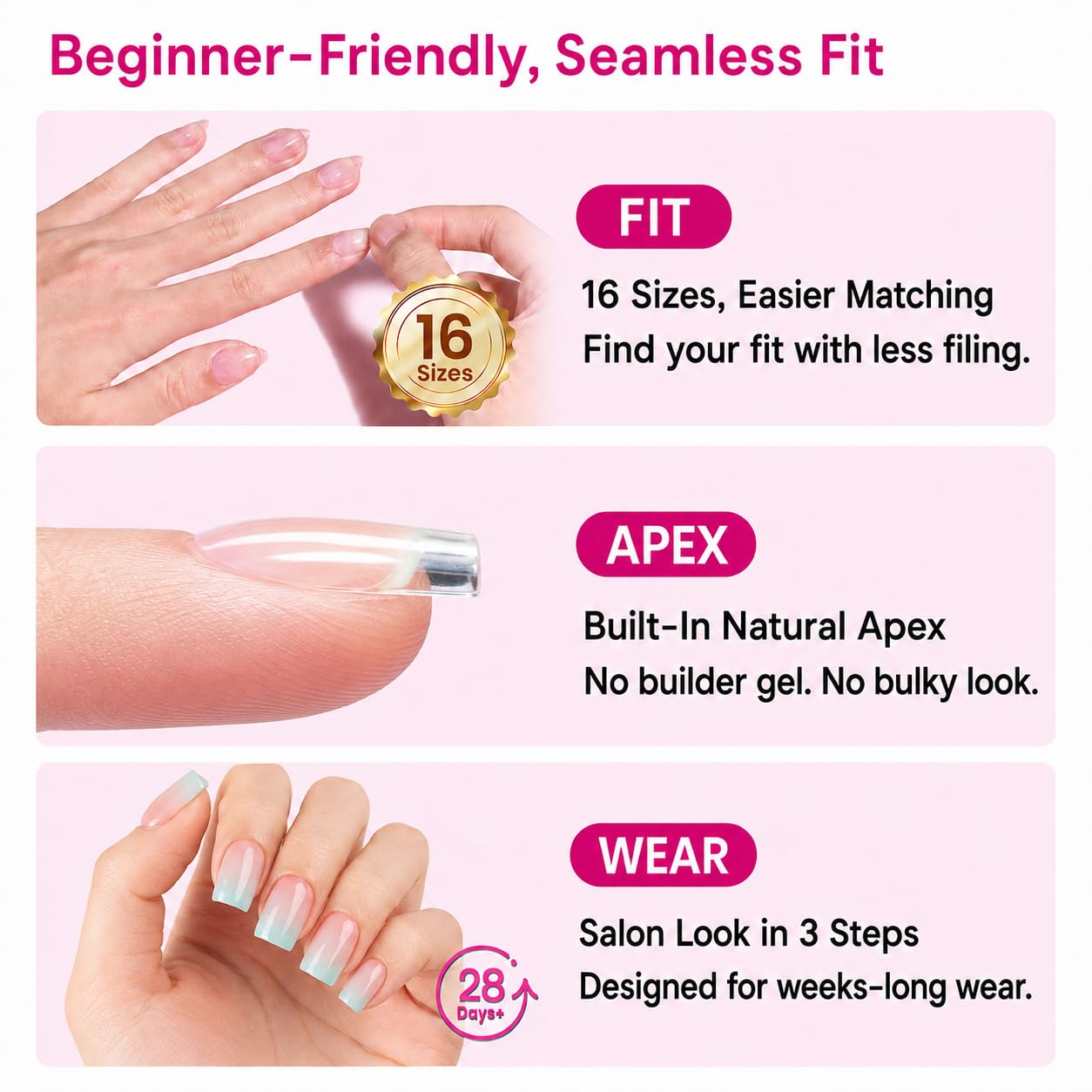 Beetles Tipex Lite Instant Apex Nail Tips, Short Square, No Builder Gel Needed, 16 Sizes 00-14 for DIY Salon-look Extensions