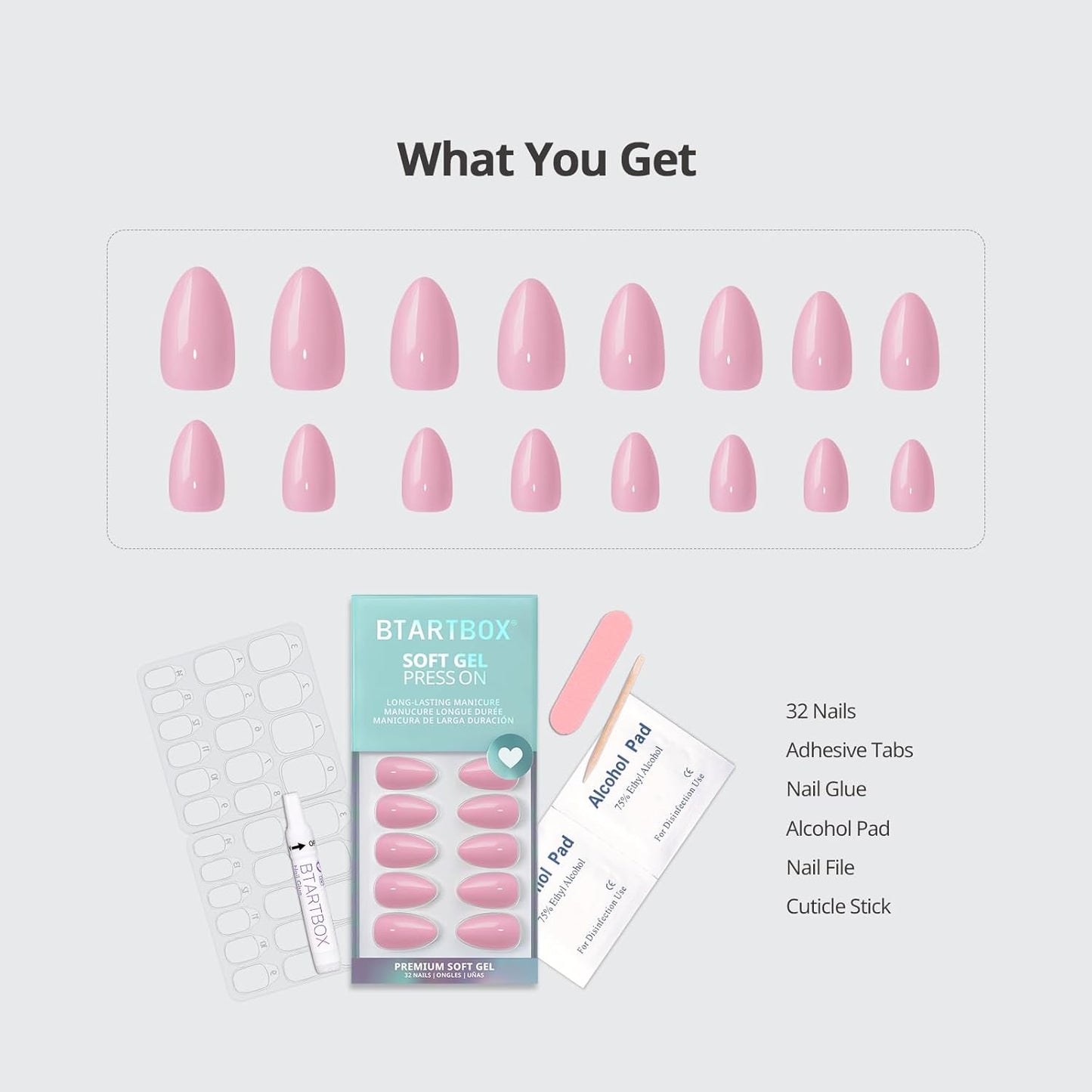 Press On Nails - Almond Shape Pastel Baby Pink Short Nails | Opaque Soft Gel, 32-Piece Kit in 16 Sizes