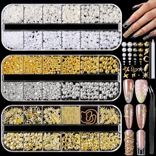 Gold Silver Nail Pearls & 3D Charms Kit for Nail Art, Embellishments