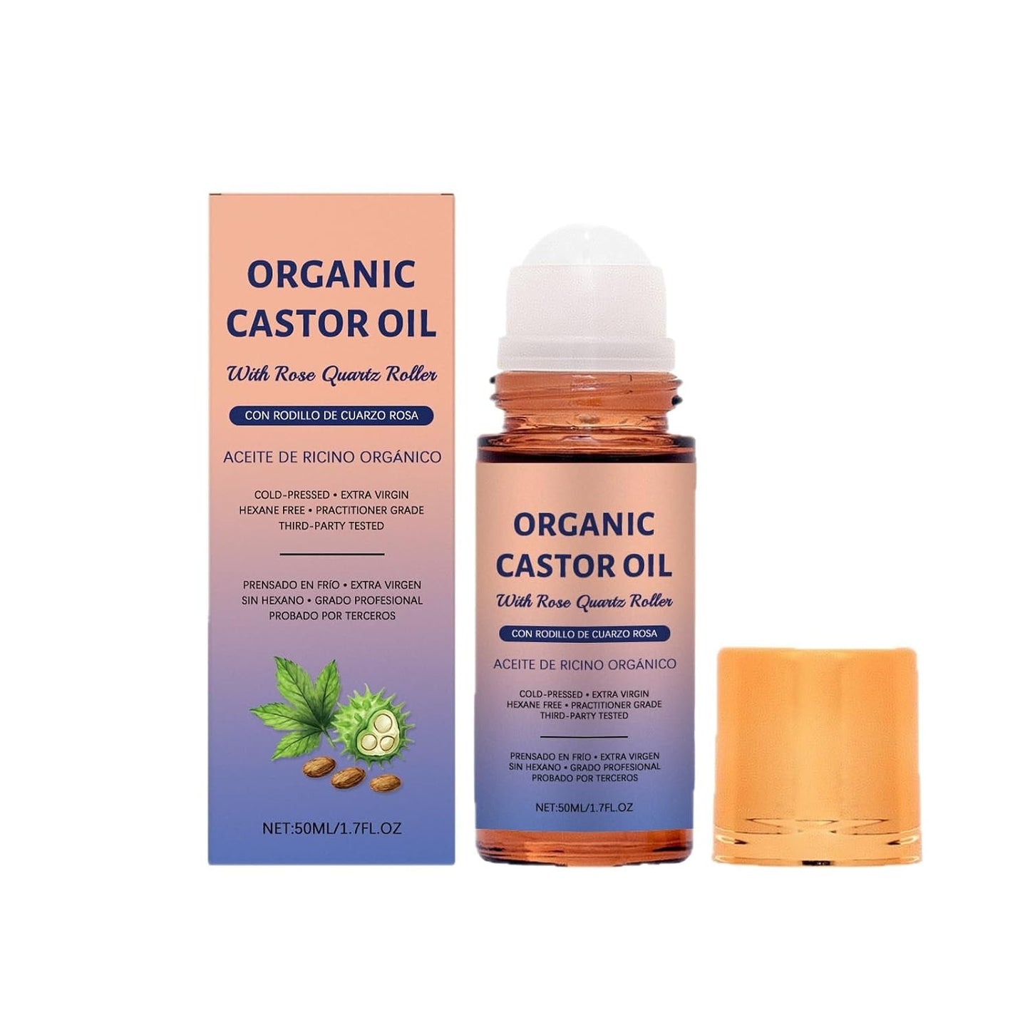 Organic Castor Oil Roll-On - 100% Cold Pressed Moisturizing Oil with Rose Roller | Travel-Friendly Leakproof Bottle (1 Pc)