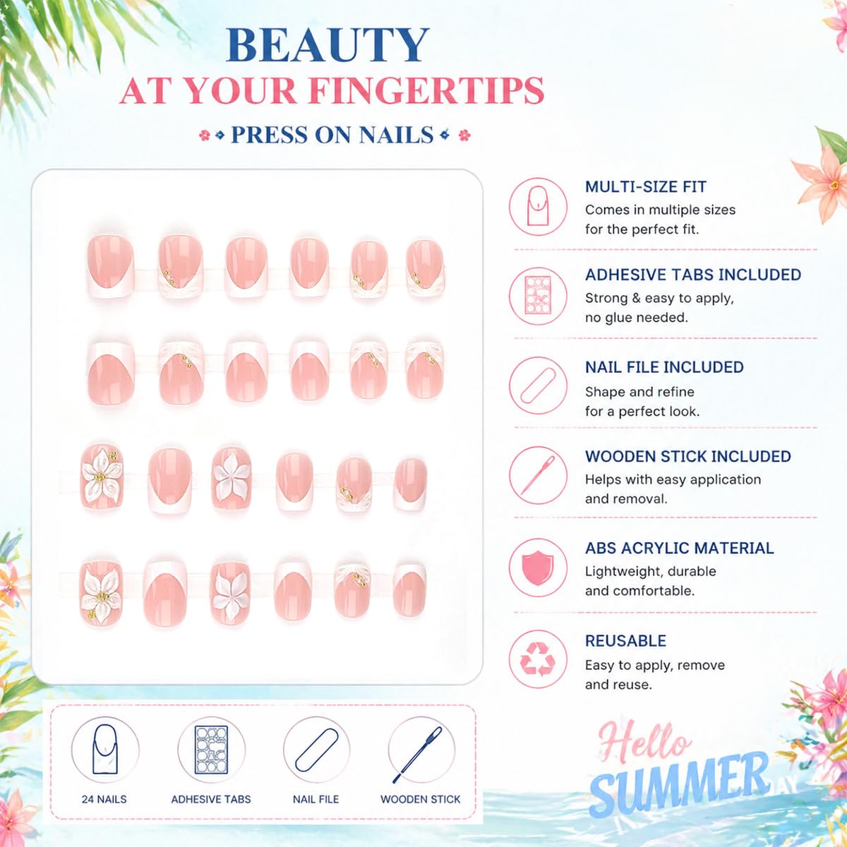 White French Tip Press on Nails Short Square Fake Nails with 3D Flower & Rhinestone Design Nude Pink Glossy False Nails Reusable Acrylic Glue on Nails for Women Daily Stick on Nails 24Pcs