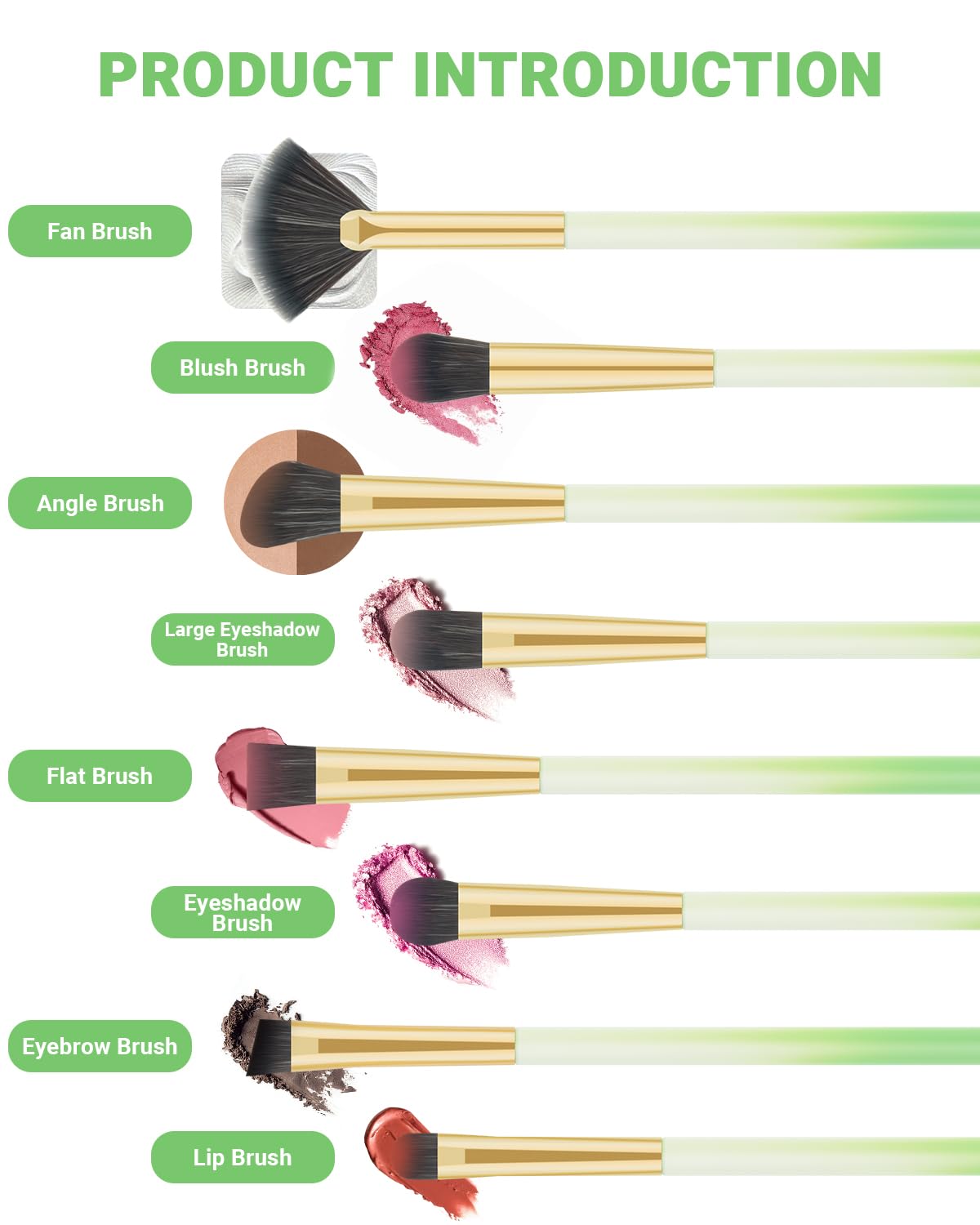 Eye Makeup Brush Set, 8 Pcs Update Synthetic Eyeshadow Brush Angled Eyebrow Brush Lip Brush with 3Pcs Powder Puffs and Green Case