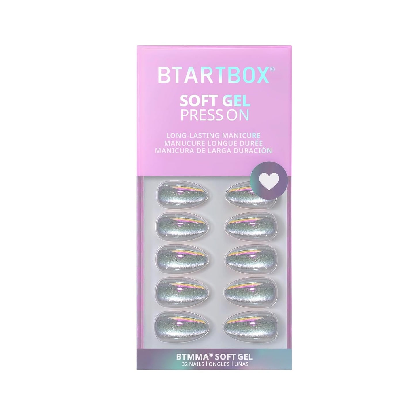 Press On Nails - Chrome Cat Eye Almond Design | 32 Piece Soft Gel Nail Kit in 16 Sizes