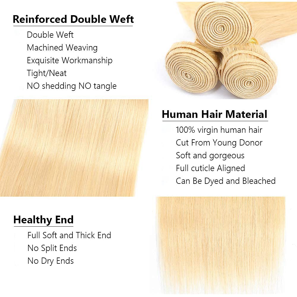 Auokmar 613 Bundles Human Hair 613 Blonde Straight Bundles 26 28 30 inch 300g Double Weft 3 Bundle Blonde Human Hair Bundle