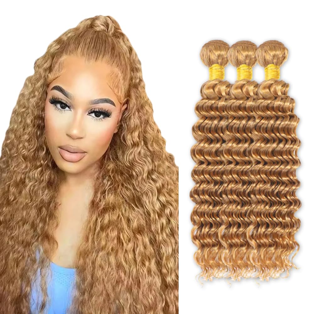 20 22 24 Inch #27 Honey Blonde Bundles Human Hair Deep Wave 3 Bundles Brazilian Remy Hair 50 Grams/Bundle 10A Grade Unprocessed Virgin Hairs Blonde Deep Wave Bundle Weaves Extensions