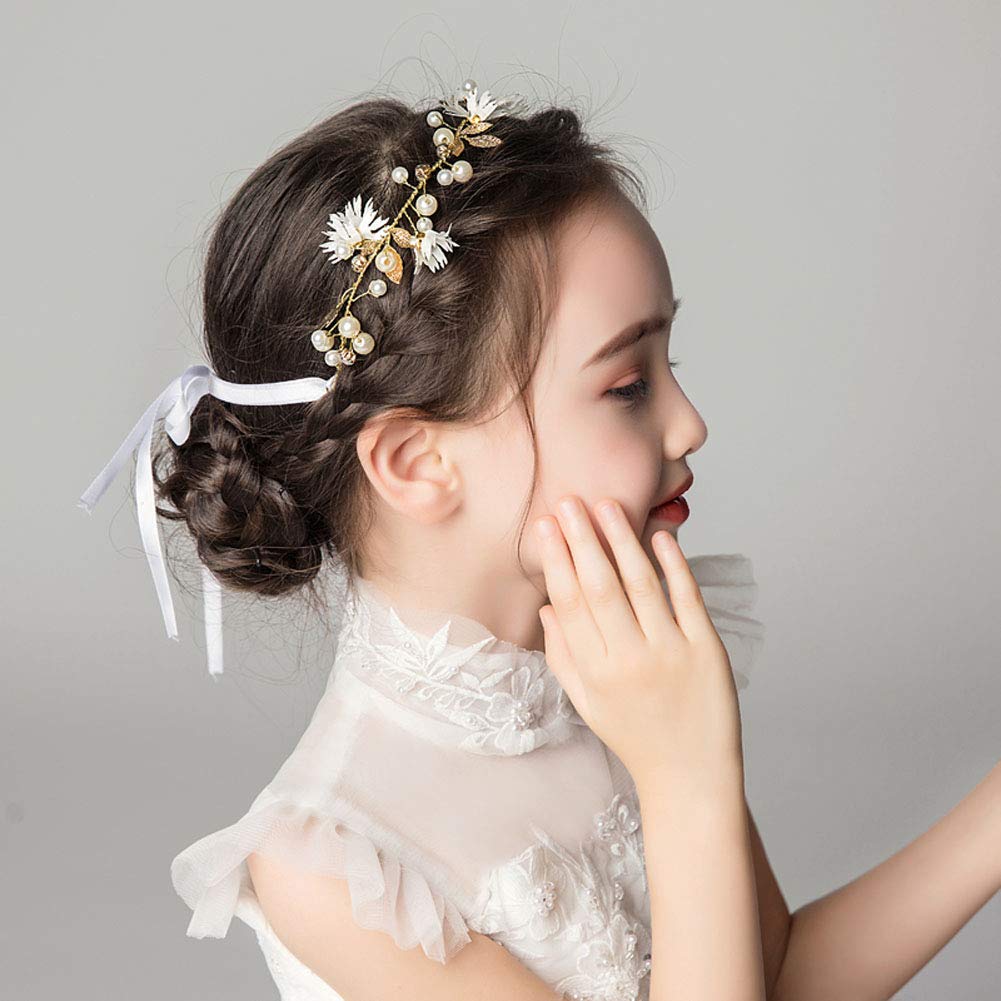 Flower Girl Headpiece White Little Daisy Gold Leaf Faux Pearls Rhinestone Floral Leaves Hair Accessories Girls Bridal Party Wedding
