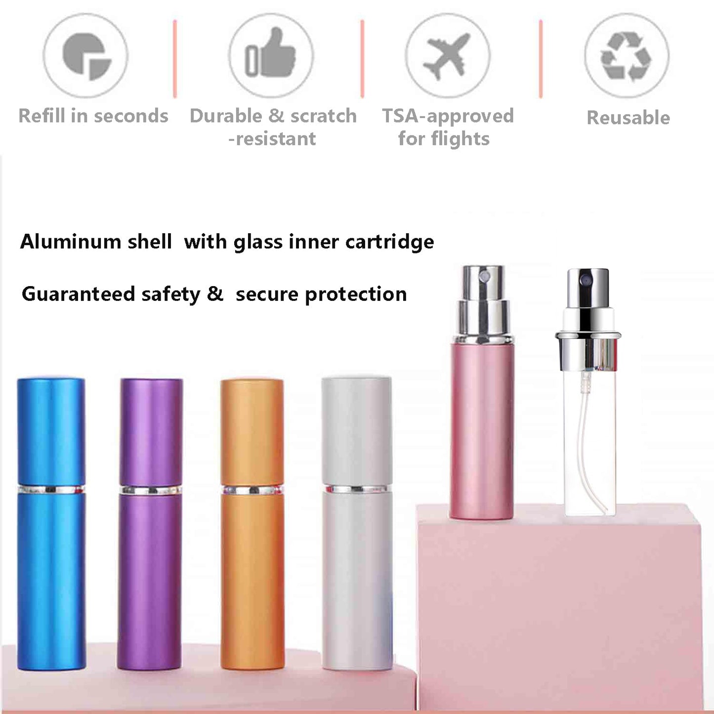 MIVIXI Refillable Perfume Atomizer Travel Size – 6-Pack Leak-Proof Glass Liner Portable Empty Spray Bottles for Perfume, Cologne & Essential Oils (5ml)