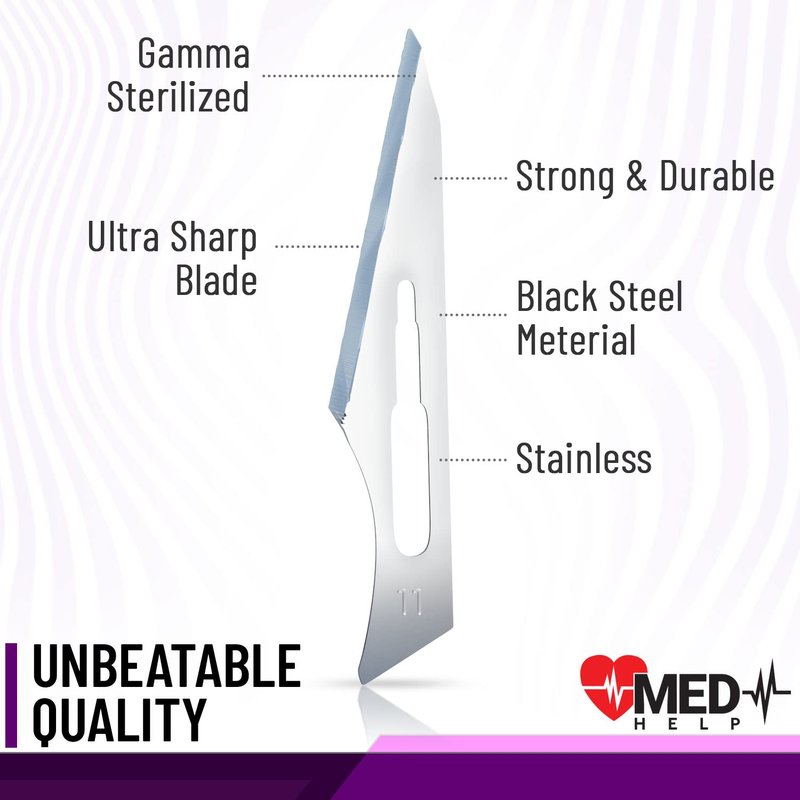 MedHelp 100 Disposable Surgical Blades 11, Size 11 Medical Scalpel Blades for Surgical Scalpel Knife, High Carbon Steel Dermablades. Individually Wrapped