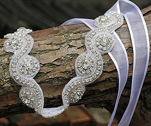 Elegant Handmade Rhinestone Headband with Lace Ribbon - White