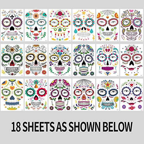 18 Pack Day of the Dead Face Tattoos - Sugar Skull Makeup Kit