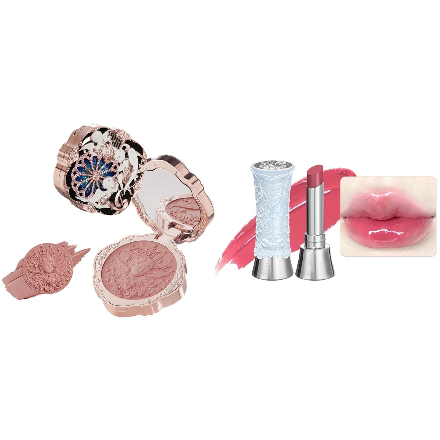 Flower Knows Cream Blush & Lipstick Set | Buildable Dewy Makeup - Blush 04 Rose Ashes & Lipstick C07 Red Bean