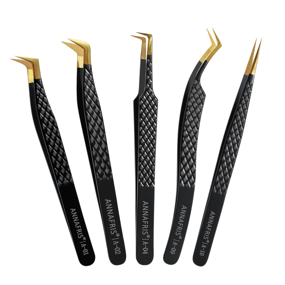 ANNAFRIS Lash Tweezers for Eyelash Extensions,Precision Fiber Tip for Volume Eyelash Extensions,Lash Extension Tweezers for Easy Application and Removal-A01+02+04+09+10