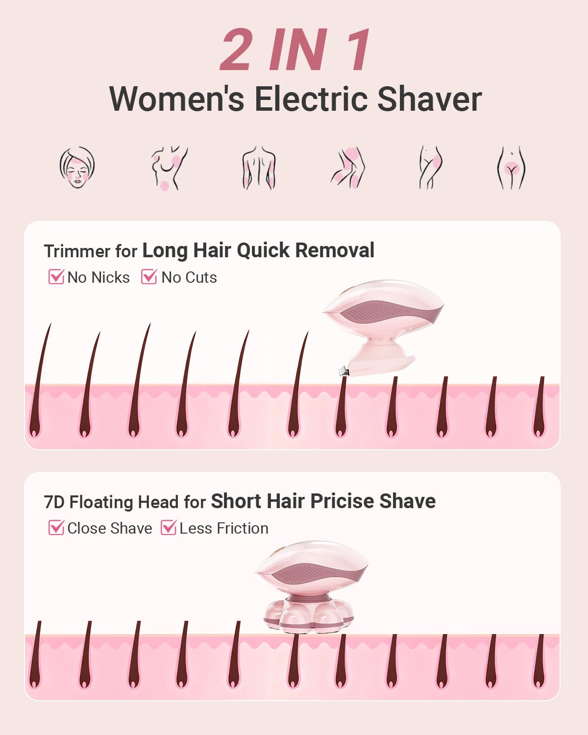Bartrimber Electric Razors for Women Legs: 7D Fast & Painless Full-Body Shaver for Silk Skin – Waterproof Lady Face Pubic Hair Remover w/Light&Travel Cover – Wet/Dry Use, Gifts for Women Girl, Pink