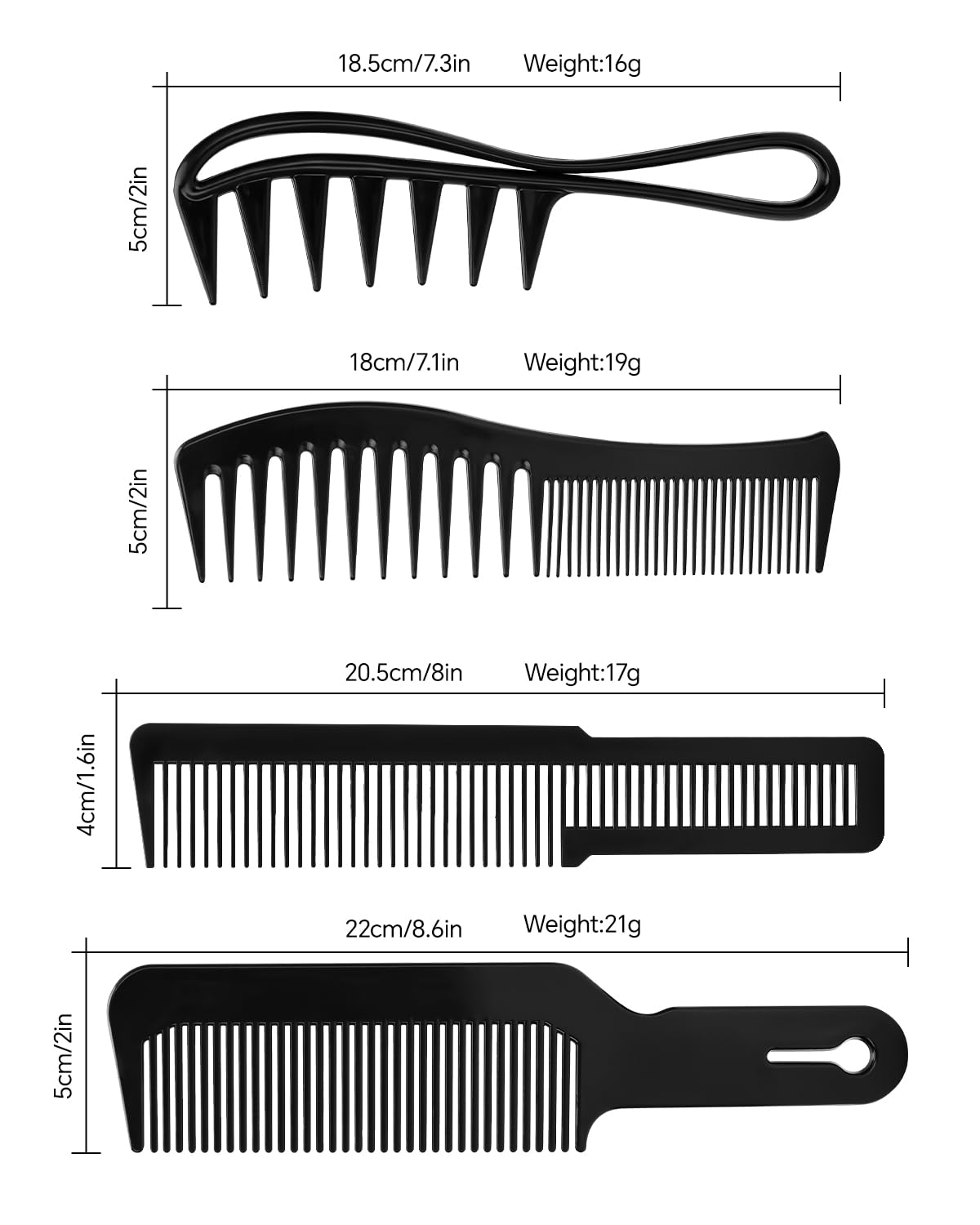 4PCS Combs for Women & Men - Durable Wide Tooth, Rat Tail & Fine Tooth Combs Set for Detangling, Teasing & Parting - All Hair Types