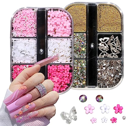 3D Flower Nail Charms Set with Rhinestones & Pearls for Nail Art - BSBTBZ