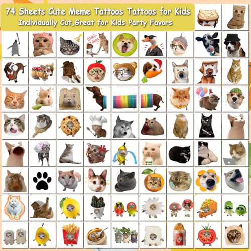 Kids Cat & Dog Temporary Tattoos Set - 74 Waterproof Sticker Sheets for Parties