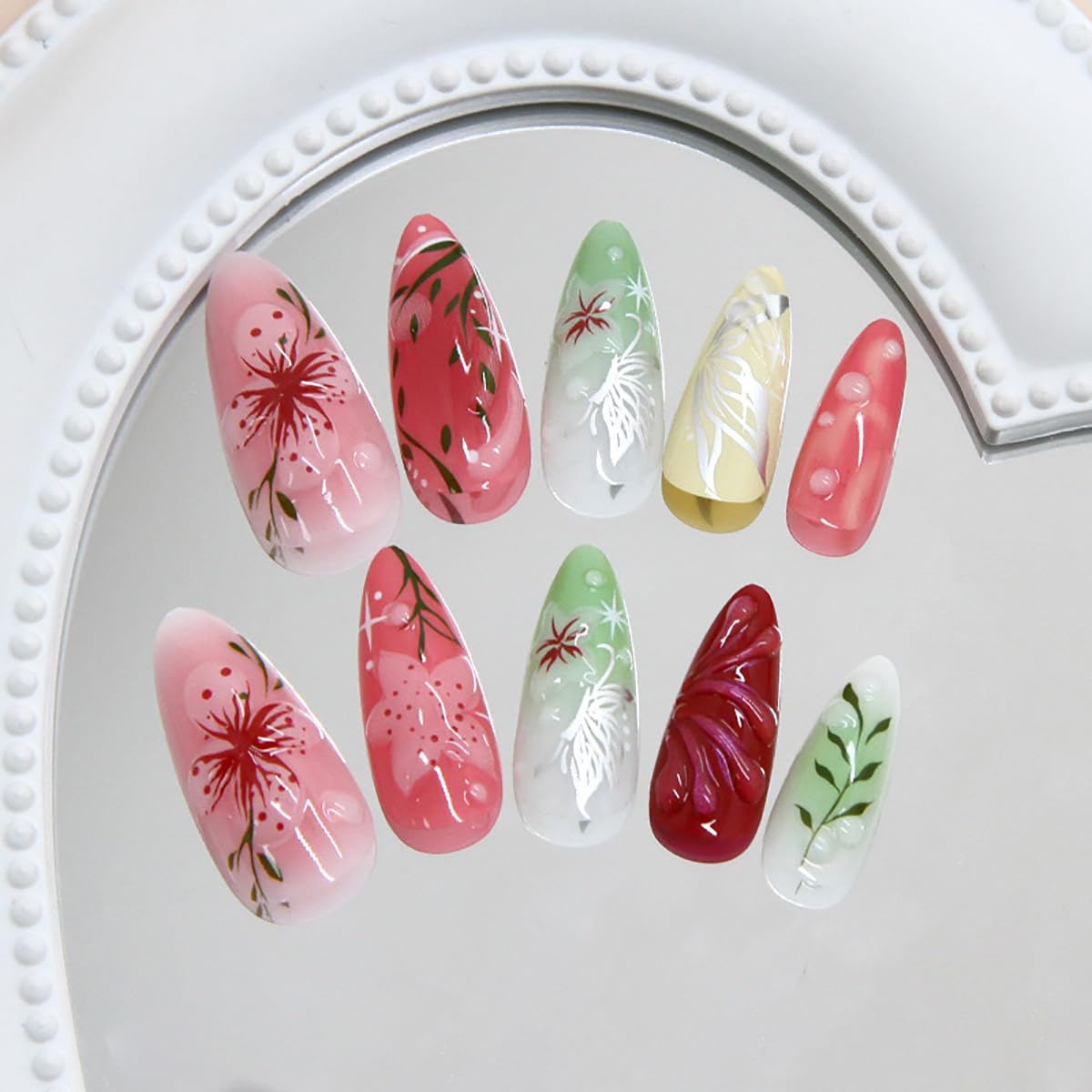 Press-On Nails - 24Pcs Pink Floral Almond Fake Nails with 3D Butterfly Designs | Medium Length, Full Cover
