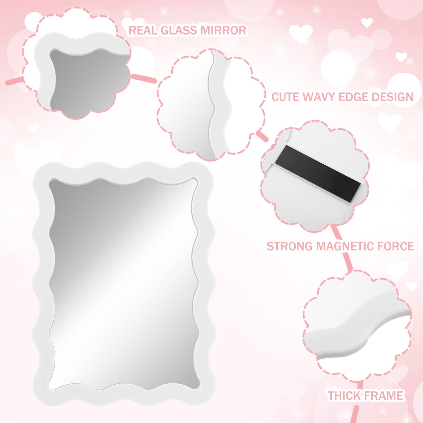 Leinuosen 7x9'' Scalloped Magnetic Locker Mirror Real Glass Makeup Mirror with Magnetic Backing Cute Locker Decorations for Office Cabinet Lockers Accessories(White)