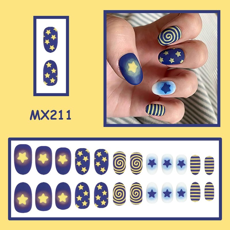 Press-On Nails - Medium Oval Matte Yellow & Blue with Spiral & Stripe Designs | 24 Reusable Full Cover Nails for Men & Women