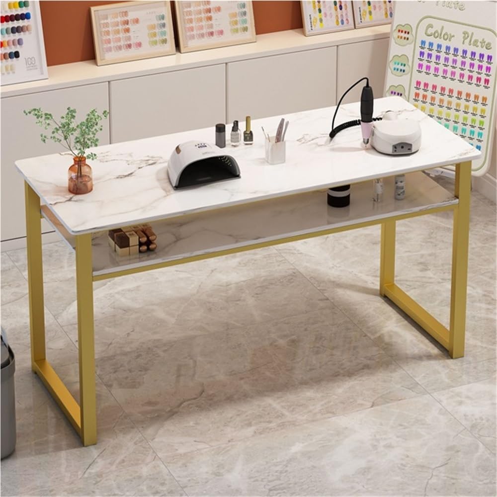 SHGCLKD Marble Finish Nail Desk for Nail Tech, Manicure Table with Gold Frame, Portable Nail Table, Spacious Workstation for Beauty Salon, Spa, Home, Office(120cm-47.2in)