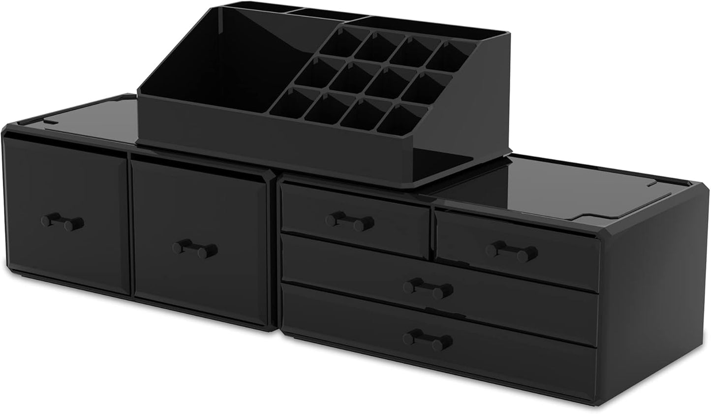 Makeup Organizer - 3-Piece Cosmetic Storage Case with 6 Drawers | Stylish Black Design