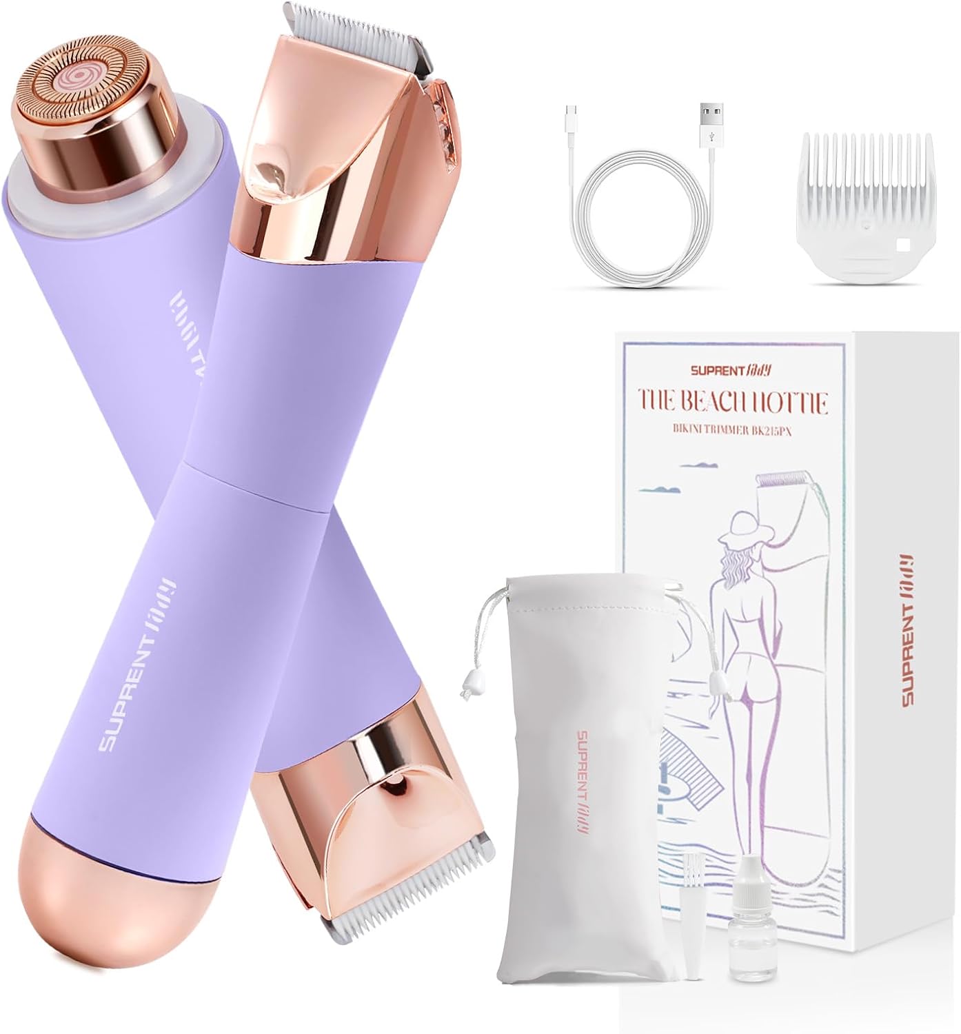 Waterproof Bikini Trimmer for Women - 2 in 1 Electric Shaver | Cordless USB-C Rechargeable Razor for Pubic & Facial Hair, Purple