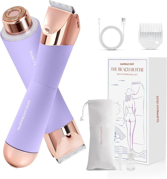 Waterproof Bikini Trimmer for Women - 2 in 1 Electric Shaver | Cordless USB-C Rechargeable Razor for Pubic & Facial Hair, Purple