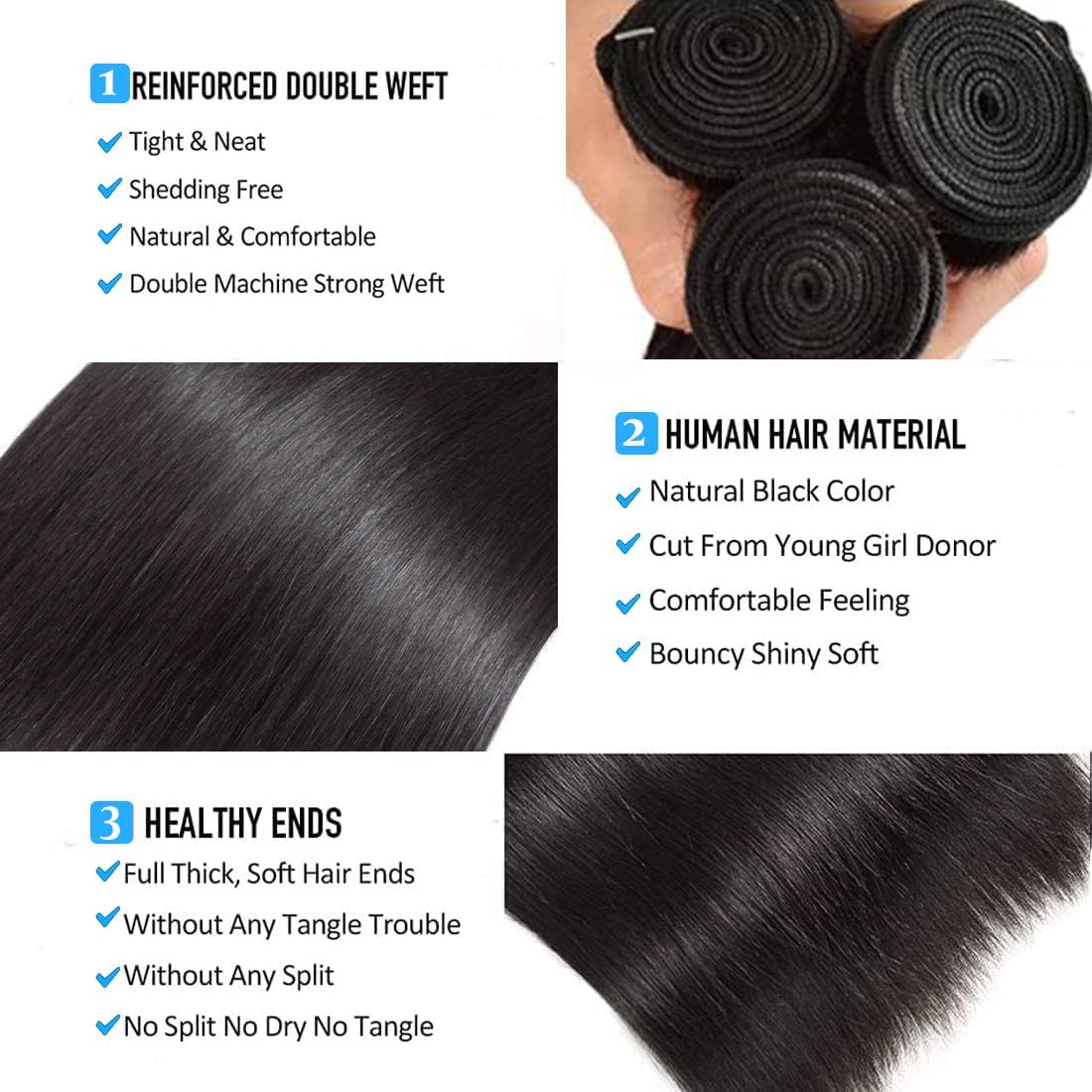 Straight Human Hair Bundles Natural Black Color Peruvian Virgin Hair 3 Bundles/150g 18 20 22 Inch Straight Bundles Double Weft Human Hair Extensions