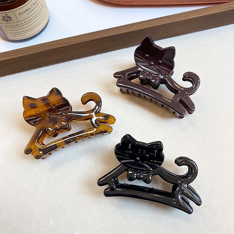 Retro Hair Clips - Cute Black Cat Hair Claw Clips with Rhinestones | 3-Piece Set for Short Hair