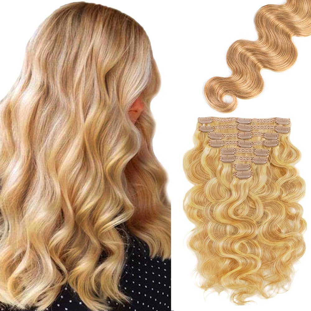 P27613 Blonde Clip in Hair Extensions Real Human Hair, 26 Inch 120g/7Pcs,Full Shine Remy Human Hair,Honey Blonde Body Wave Clip ins Brazilian Virgin Human Hair Extensions