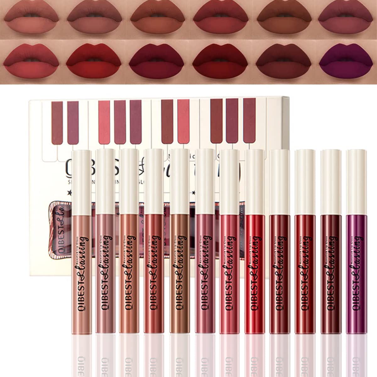 Matte Liquid Lipstick Set - 12 Pcs Long-Lasting Waterproof Lip Stain | Dark Bright Red