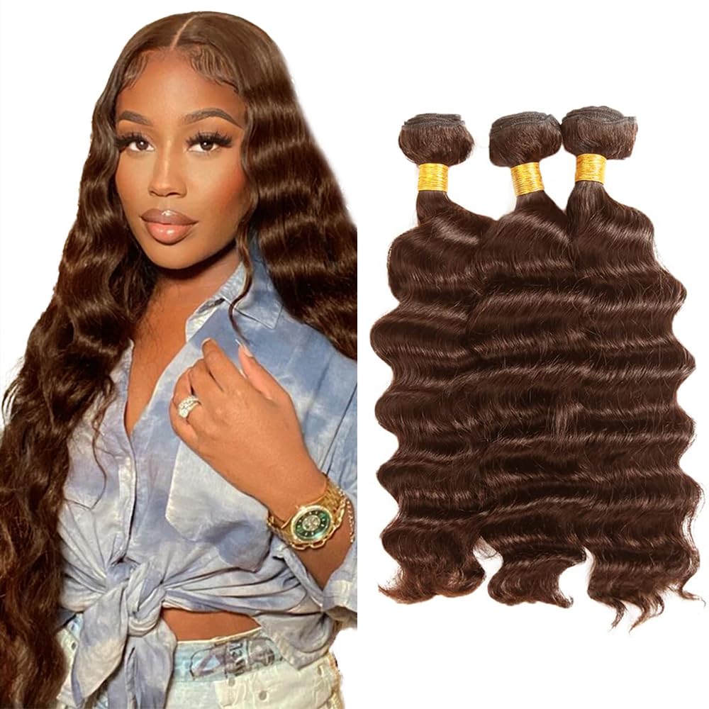 HeioWuio 20 22 24 Inch #4 Brown Bundles Deep Wave 3 Bundles Human Hair Brazilian Remy Hair 50 Grams/Bundle Unprocessed Virgin Hairs Chocolate Brown Color Deep Wave Bundle Weaves Extensions