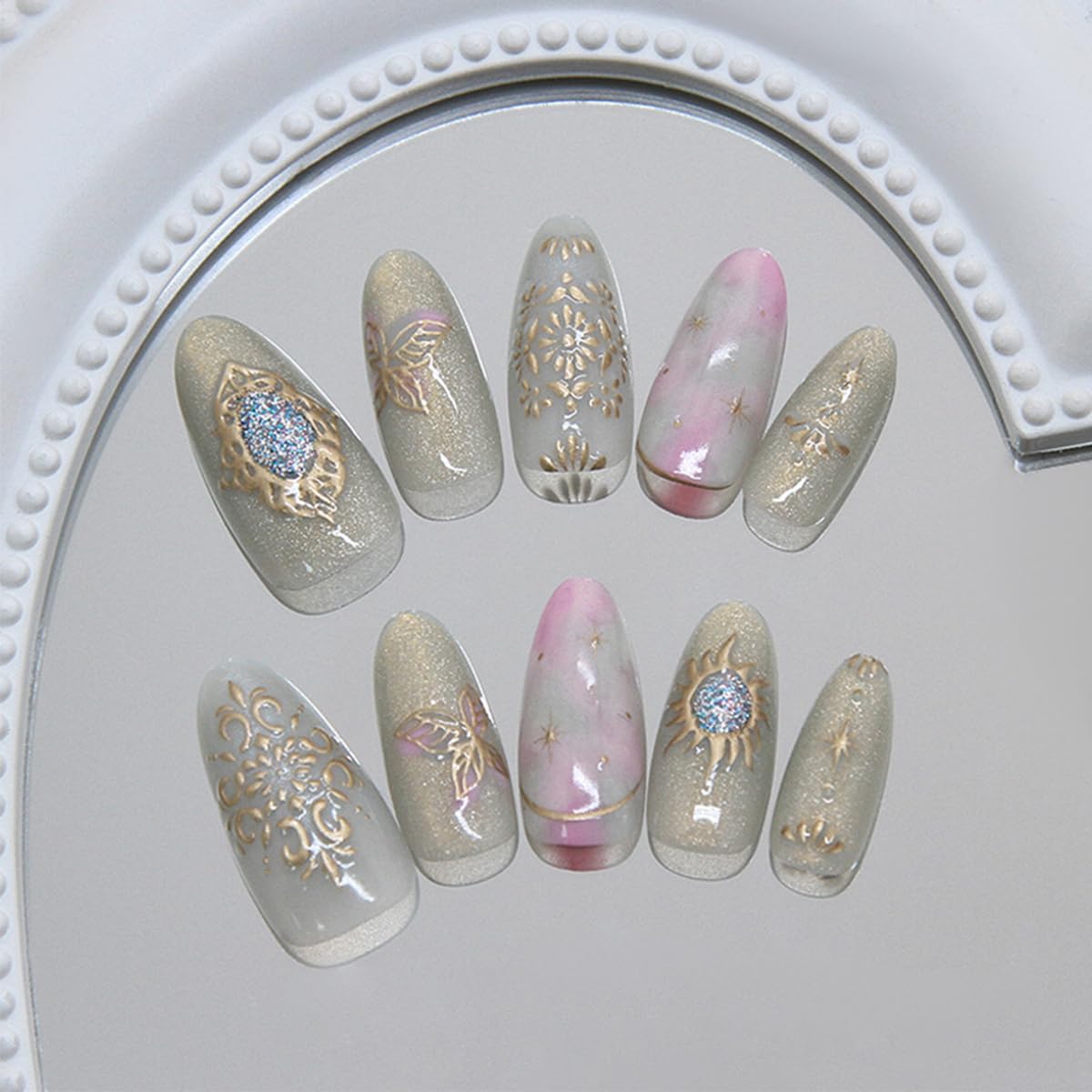 Almond Press-On Nails - 30 Pcs Medium 3D Gold Star Design | Glossy Full Cover Butterfly Acrylics
