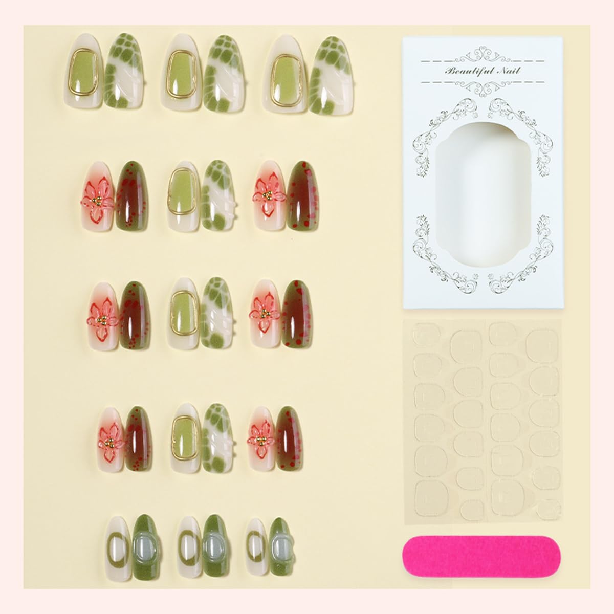 Short Almond Press-On Nails - 24 Pcs French Tip with Leopard Print & Gold Beads | Reusable Acrylic Nail Designs for Women