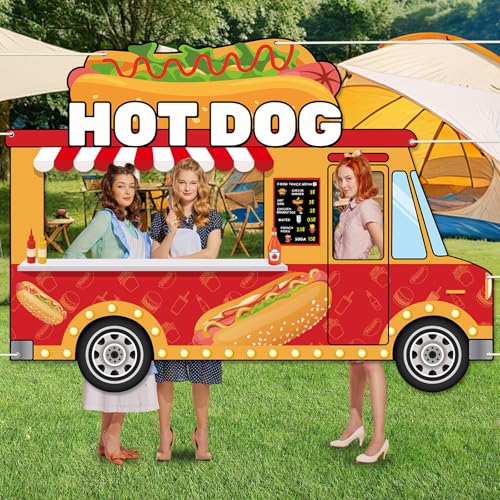 Hot Dog Car Photo Booth Backdrop - 73x53 Inch Fast Food Party Decoration