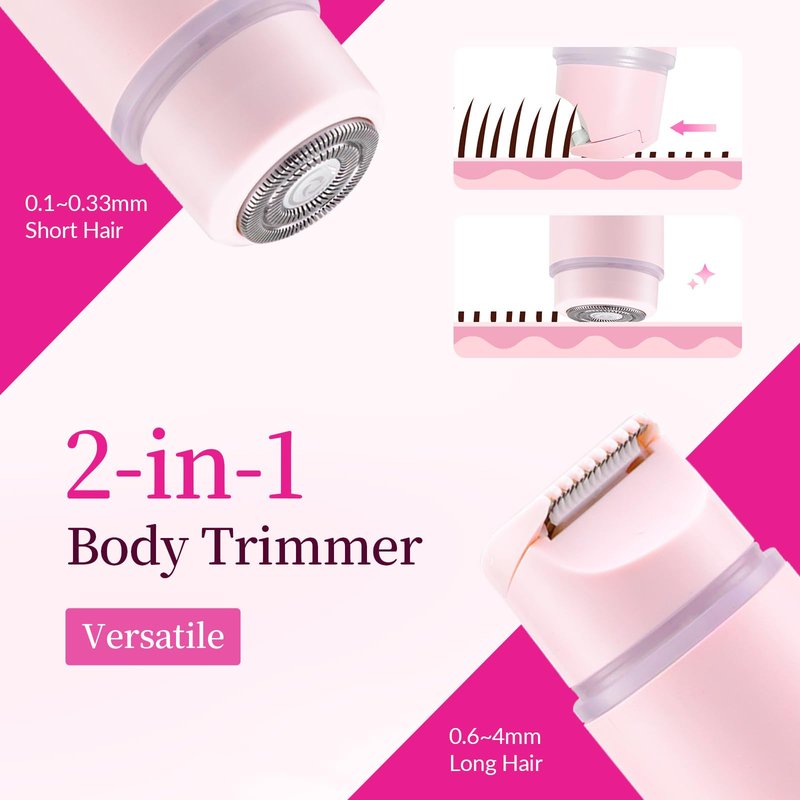 2-in-1 Bikini Trimmer for Women - Painless Electric Razors,Cordless Body Shaver for Trip,Replaceable Lady Facial Razor, IPX7 Waterproof&Easy Cleaning,USB Charge Dock Pink