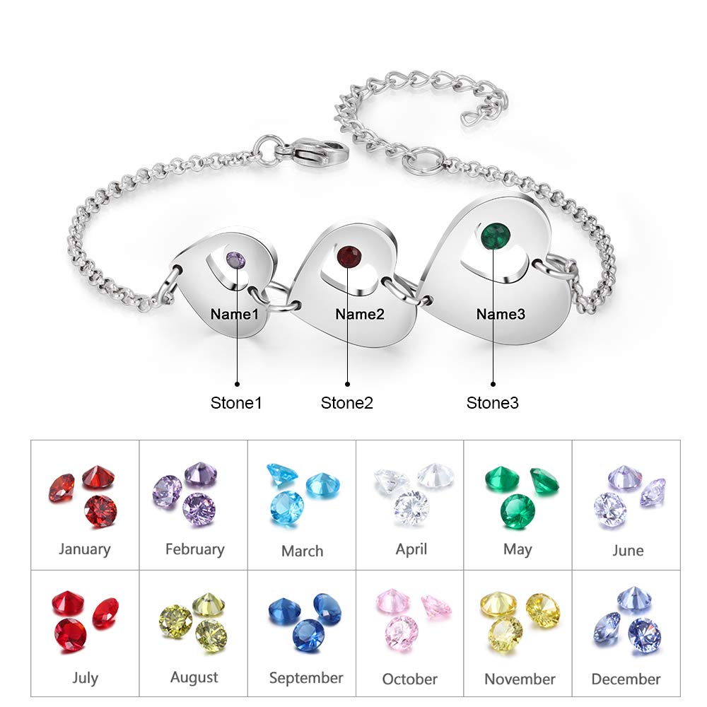 Luxladis Personalized Name Heart Bracelet with 1-6 Birthstones Custom Bracelet for Women Engraved Names Link Bracelets for Mother's Day Mom (3 names)