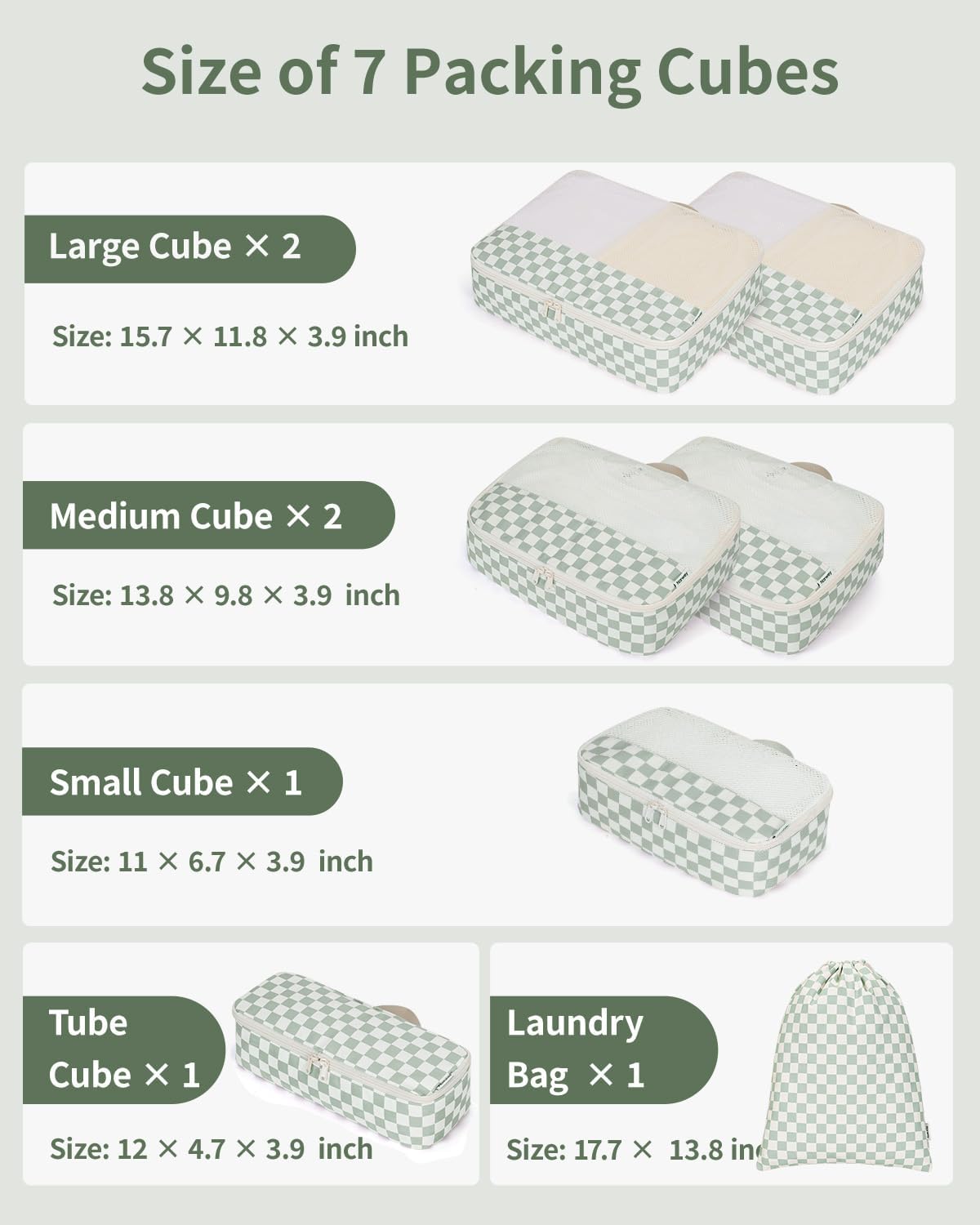 Checkered Packing Cubes Set - Durable Travel Organizer Bags for Kids & Women | Mint Green Checkerboard