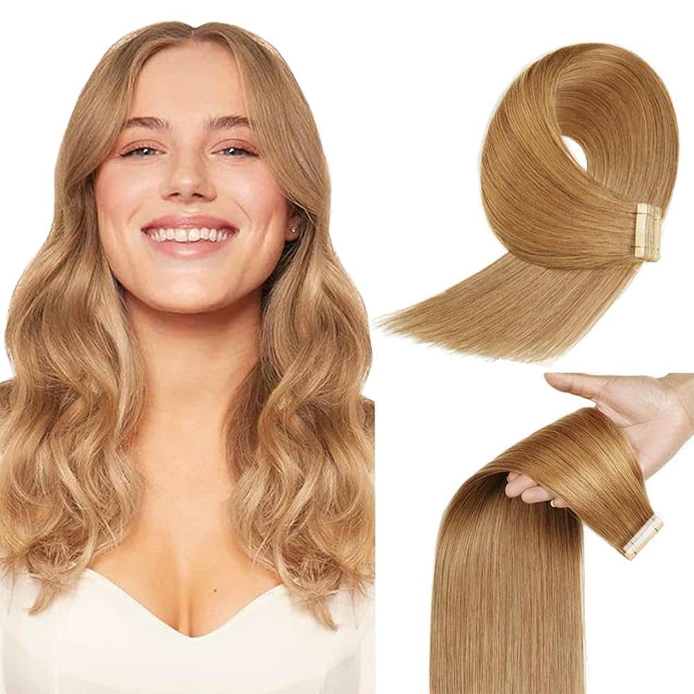 16 Inch #27 Blonde Tape in Extensions Human Hair Honey Blonde Straight Tape ins Hair Extensions Real Hair Skin Weft Seamless Invisible Remy Hair 40g 10Pcs.