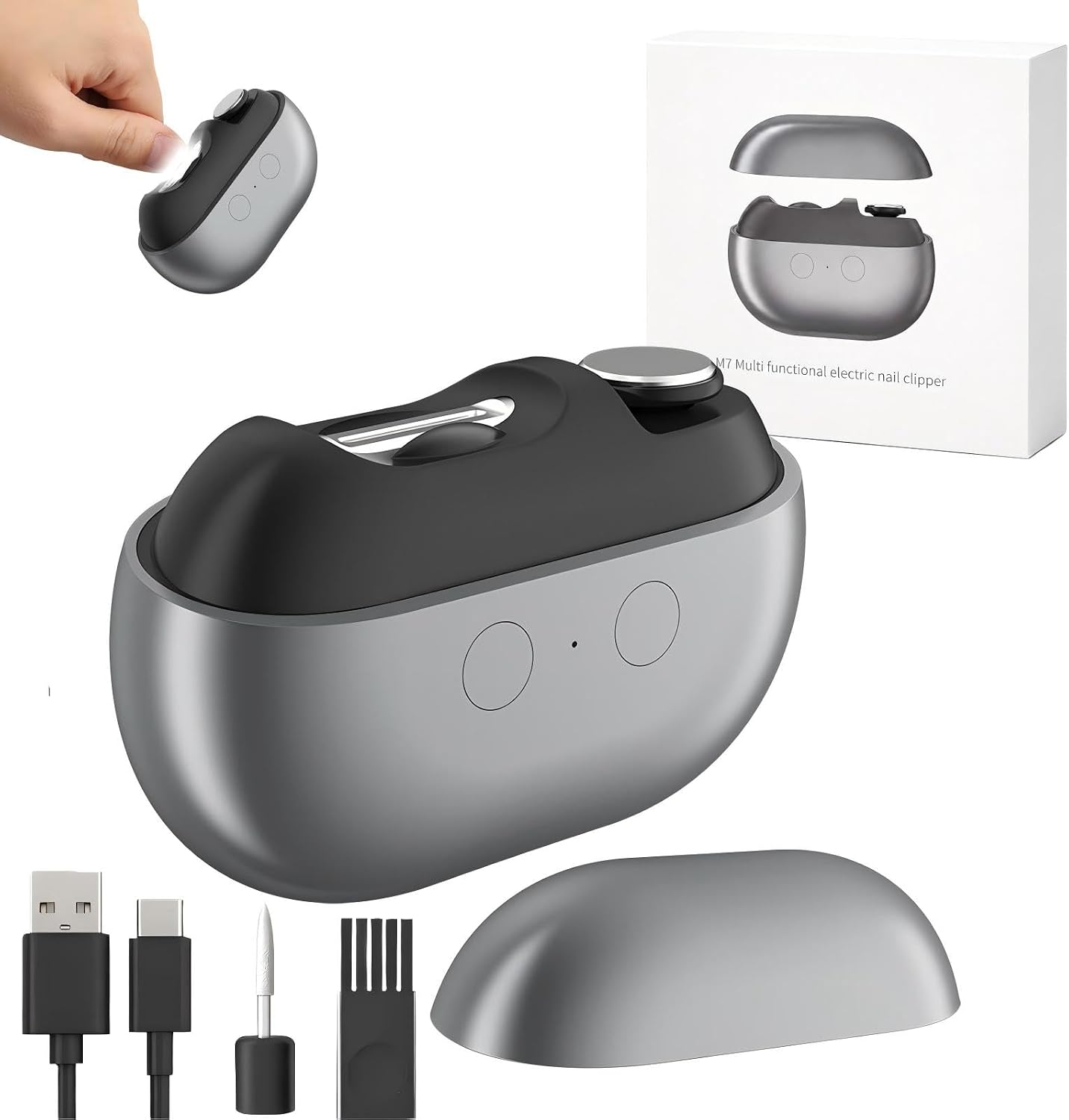 Electric Nail Clipper for Seniors - 3 in 1 Rechargeable Trimmer with LED Light | Quiet Portable Grooming Tool in Gray