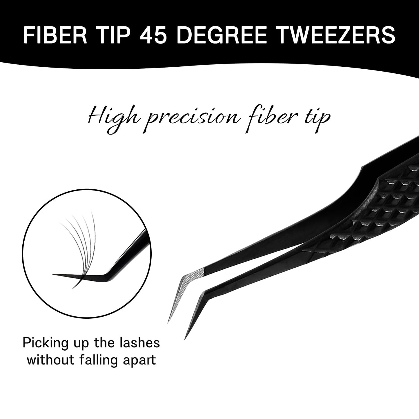 VAVALASH Lash Tweezers for Eyelash Extensions, Fiber Tip Diamond Grip 45 Degree Tweezers, Professional Precision Black Lash Tweezers for Volume & Classic Lashes