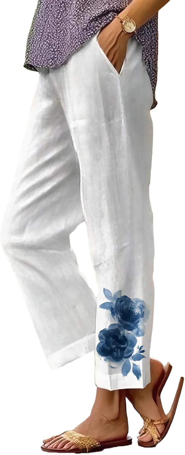 Women's Boho Floral Wide Leg Capris - Elastic Waist, Loose Fit Beach Pants | Casual Summer Trousers